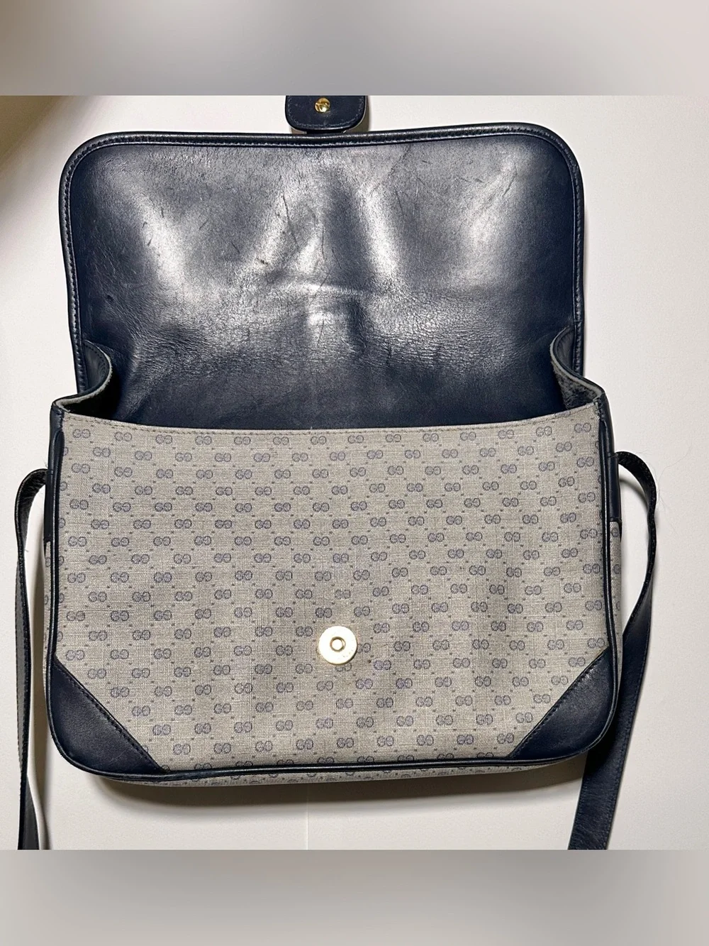 Vintage Gucci Navy Blue Leather  GG Canvas Shoulder Bag